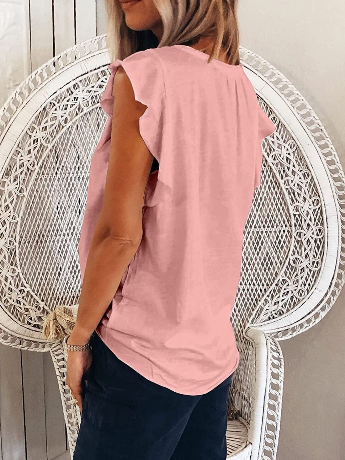 Women's T-Shirts Solid V-Neck Ruffle Short Sleeve T-Shirt
