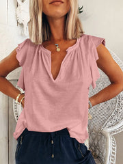 Women's T-Shirts Solid V-Neck Ruffle Short Sleeve T-Shirt