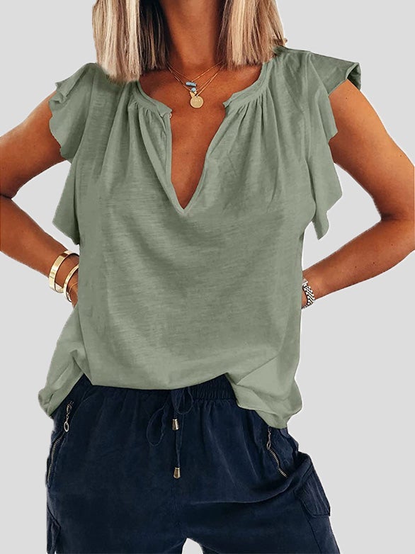 Women's T-Shirts Solid V-Neck Ruffle Short Sleeve T-Shirt