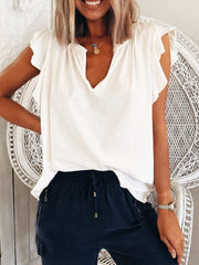 Women's T-Shirts Solid V-Neck Ruffle Short Sleeve T-Shirt