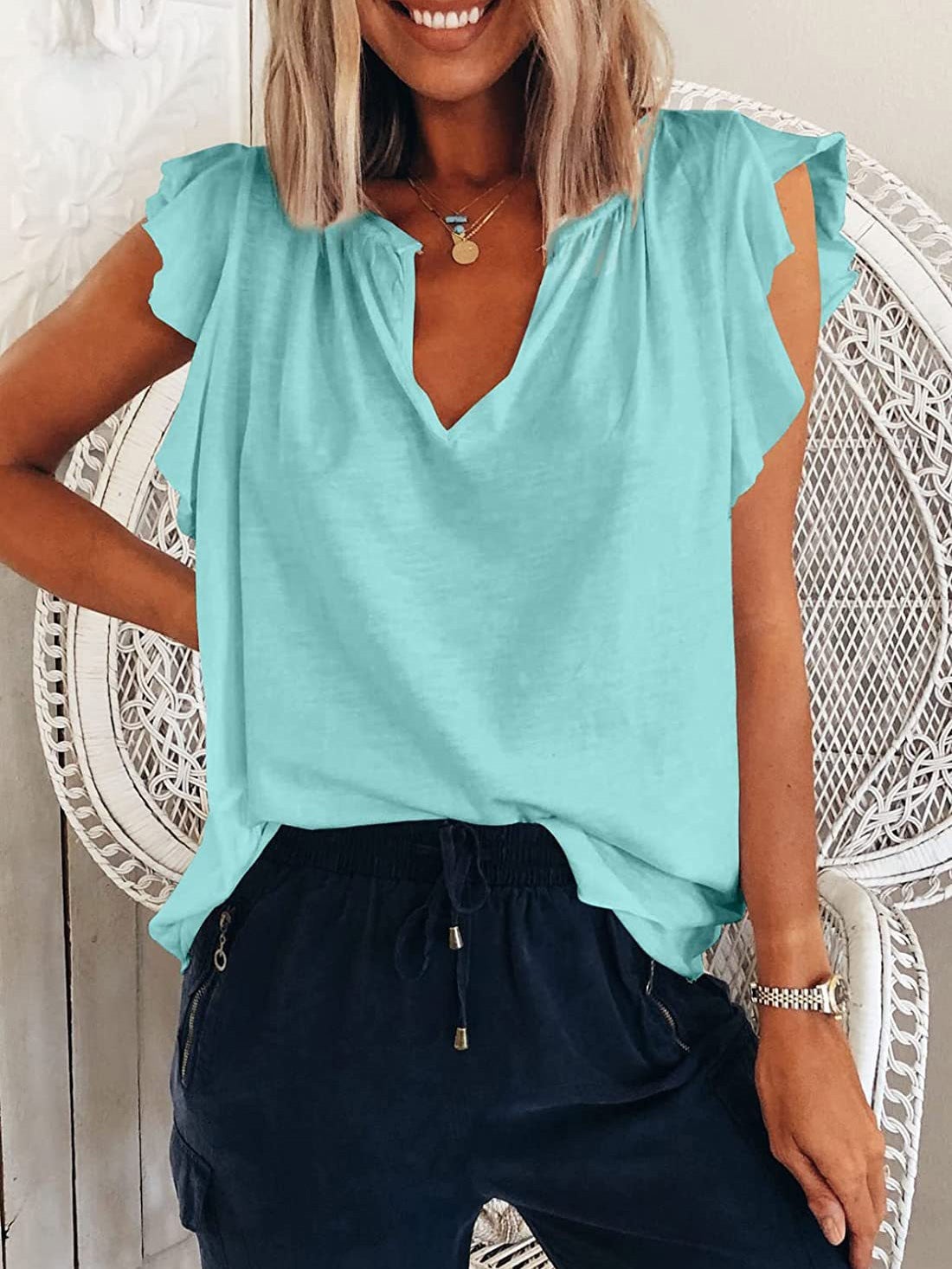 Women's T-Shirts Solid V-Neck Ruffle Short Sleeve T-Shirt
