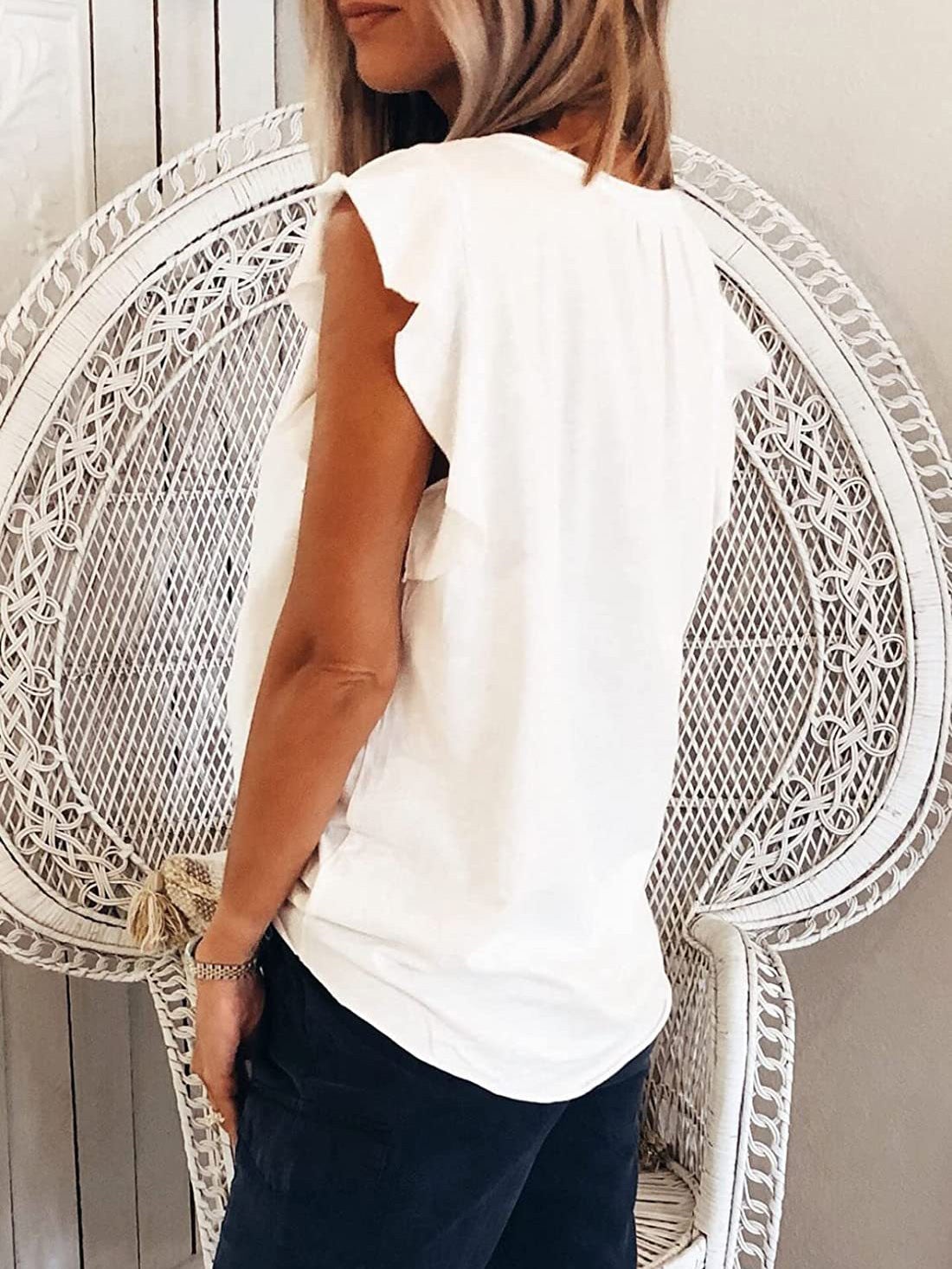 Women's T-Shirts Solid V-Neck Ruffle Short Sleeve T-Shirt