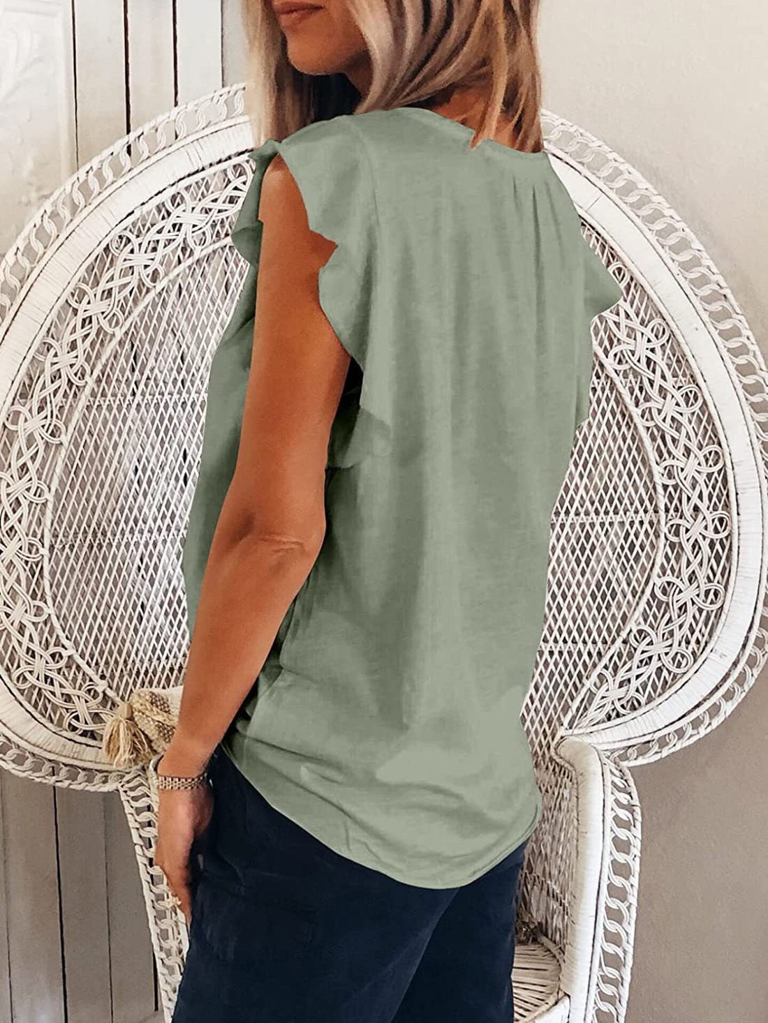 Women's T-Shirts Solid V-Neck Ruffle Short Sleeve T-Shirt