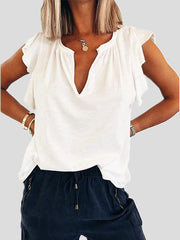 Women's T-Shirts Solid V-Neck Ruffle Short Sleeve T-Shirt