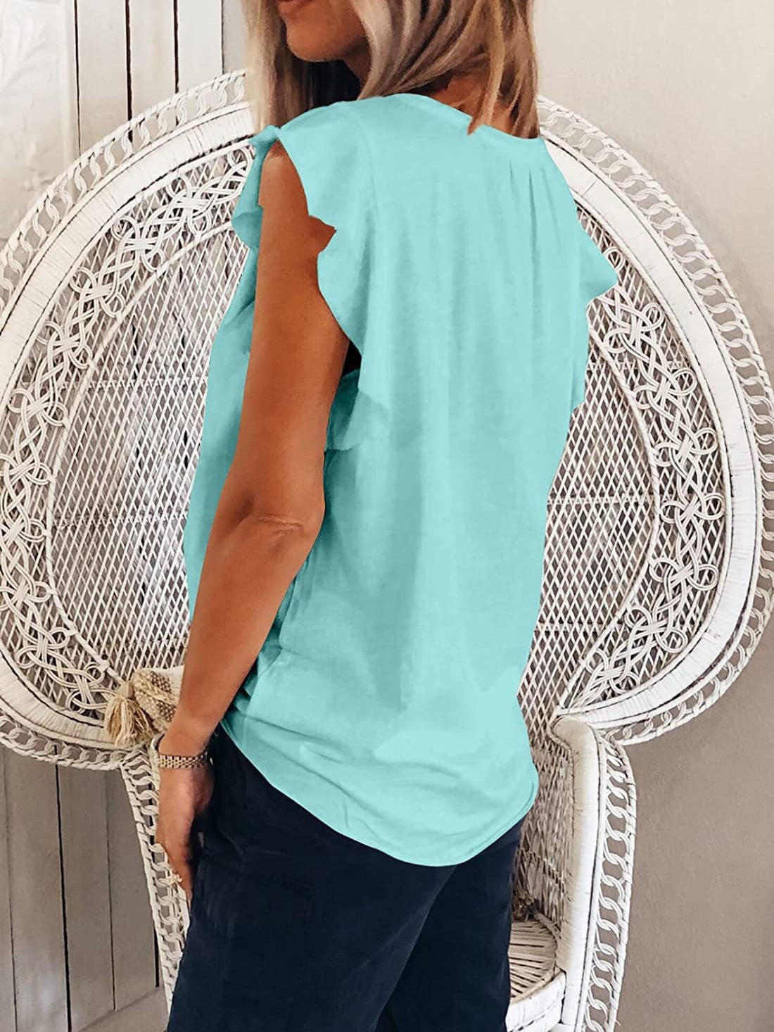 Women's T-Shirts Solid V-Neck Ruffle Short Sleeve T-Shirt