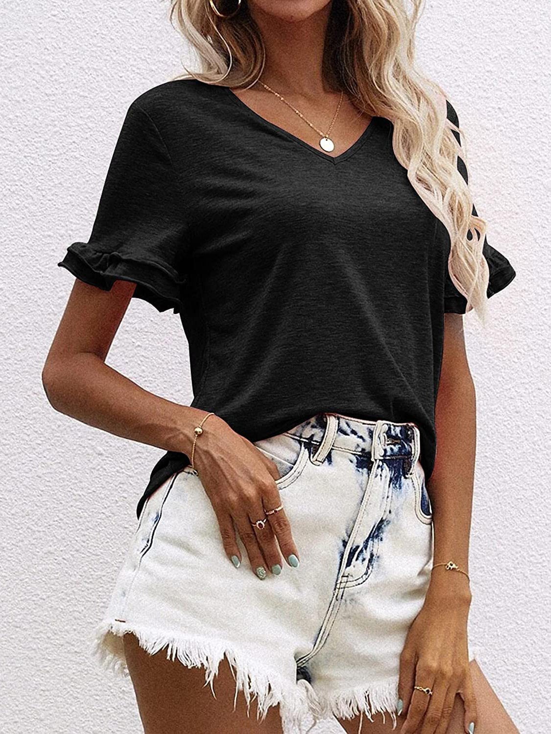 Women's T-Shirts Solid V-Neck Short Sleeve T-Shirt