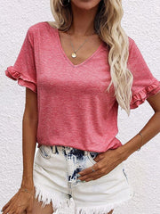 Women's T-Shirts Solid V-Neck Short Sleeve T-Shirt