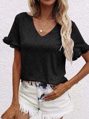 Women's T-Shirts Solid V-Neck Short Sleeve T-Shirt