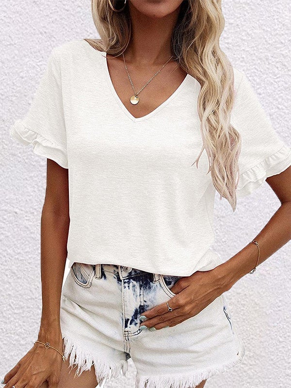 Women's T-Shirts Solid V-Neck Short Sleeve T-Shirt