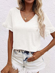 Women's T-Shirts Solid V-Neck Short Sleeve T-Shirt