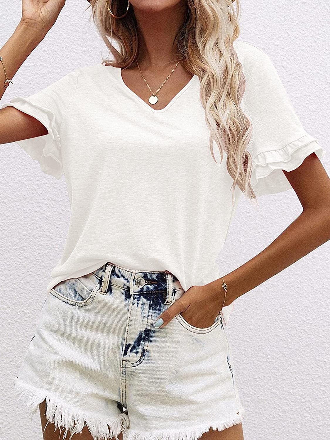 Women's T-Shirts Solid V-Neck Short Sleeve T-Shirt