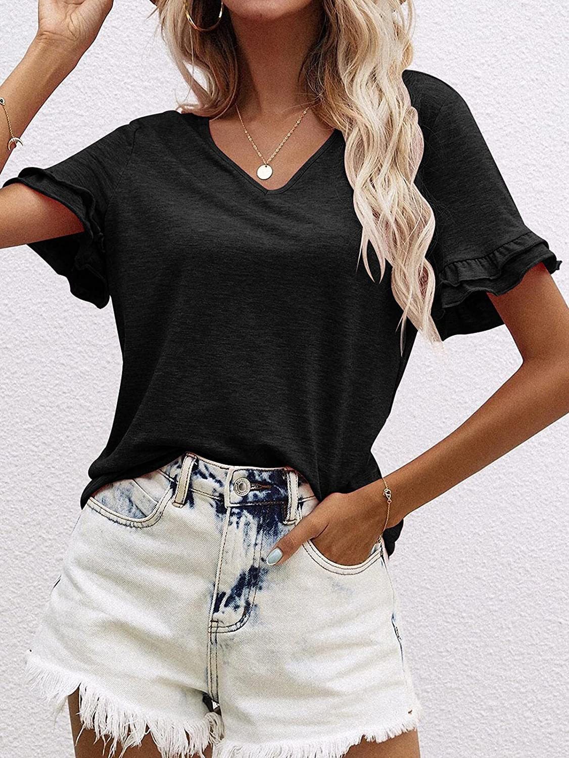 Women's T-Shirts Solid V-Neck Short Sleeve T-Shirt