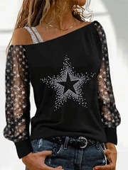 Women's T-Shirts Strapless Hot Rhinestone Star Long Sleeve T-Shirt