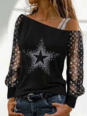 Women's T-Shirts Strapless Hot Rhinestone Star Long Sleeve T-Shirt