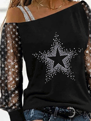 Women's T-Shirts Strapless Hot Rhinestone Star Long Sleeve T-Shirt