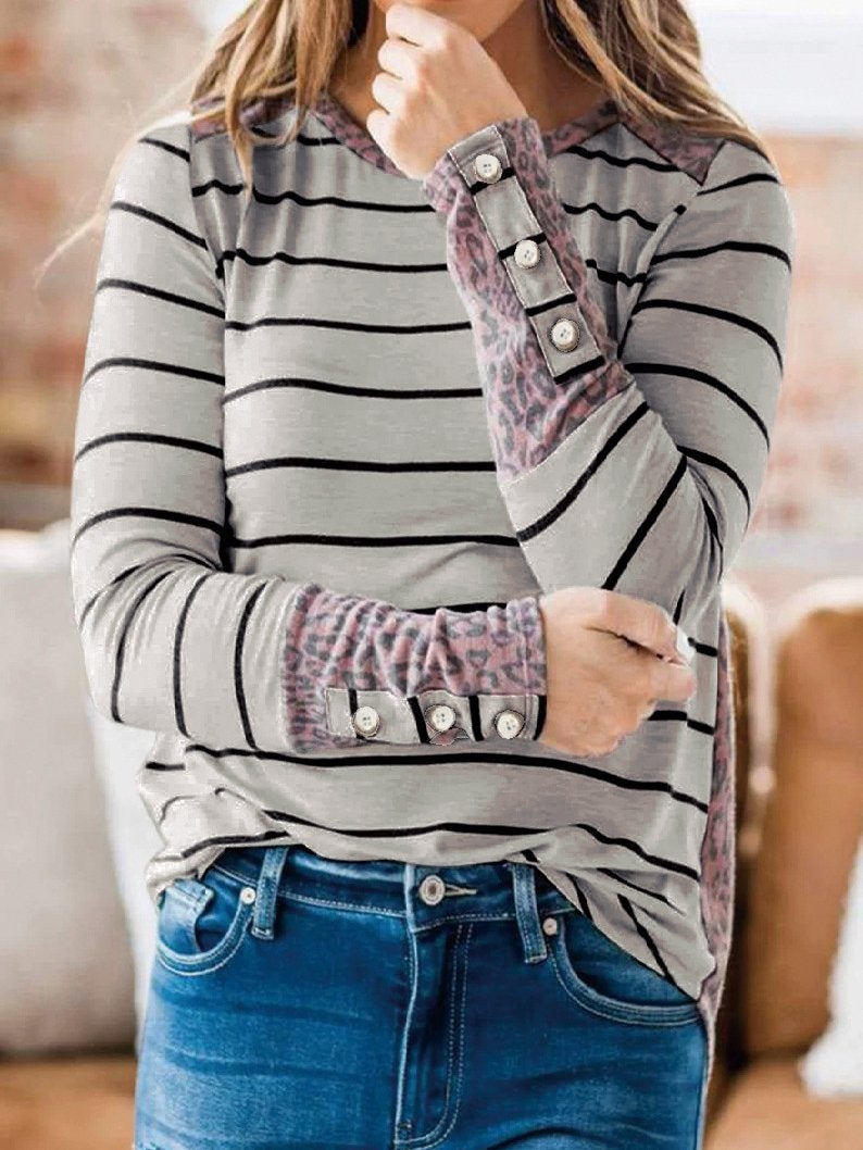 Women's T-Shirts Striped Leopard Stitching Long Sleeve T-Shirt