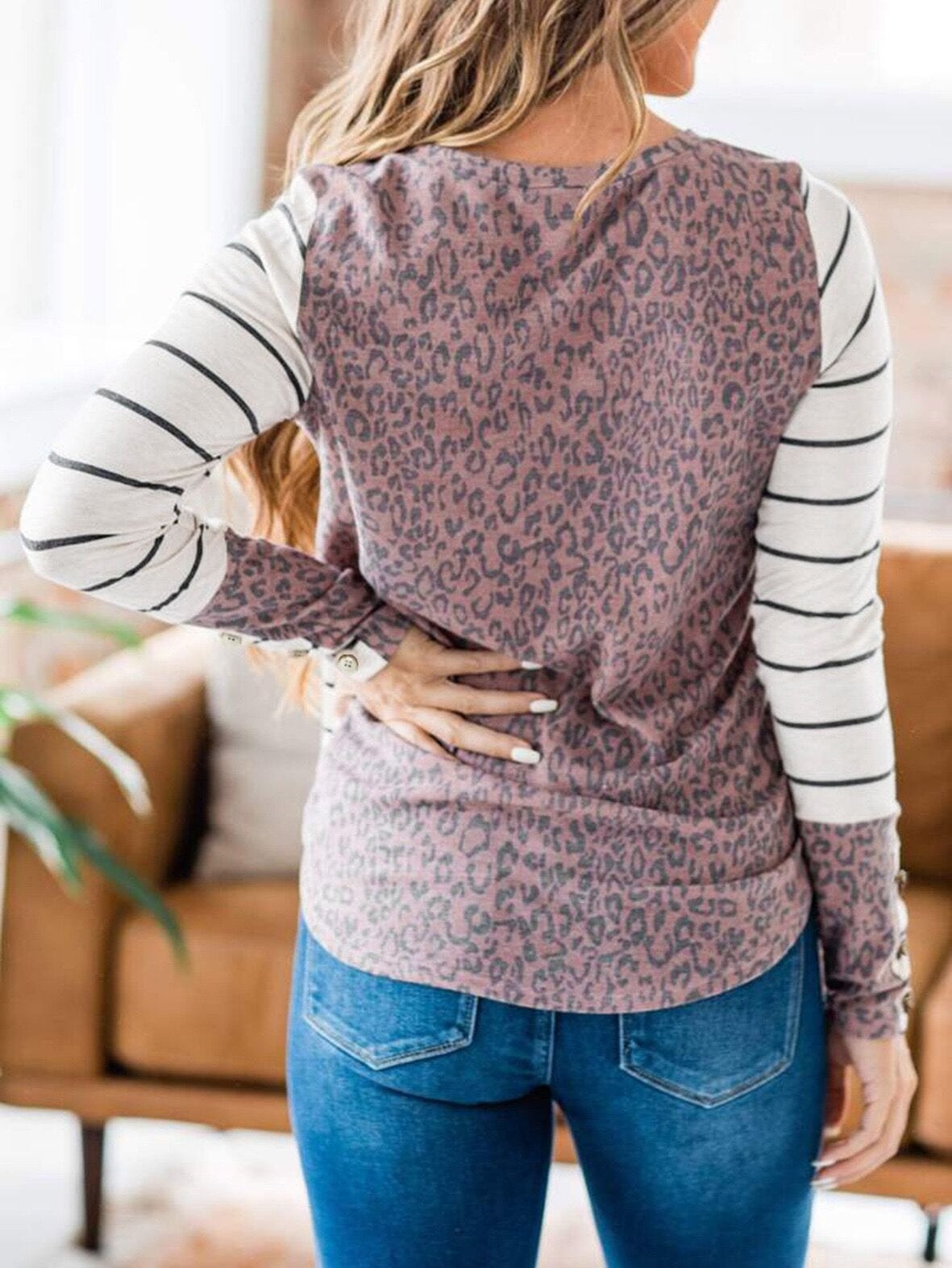 Women's T-Shirts Striped Leopard Stitching Long Sleeve T-Shirt