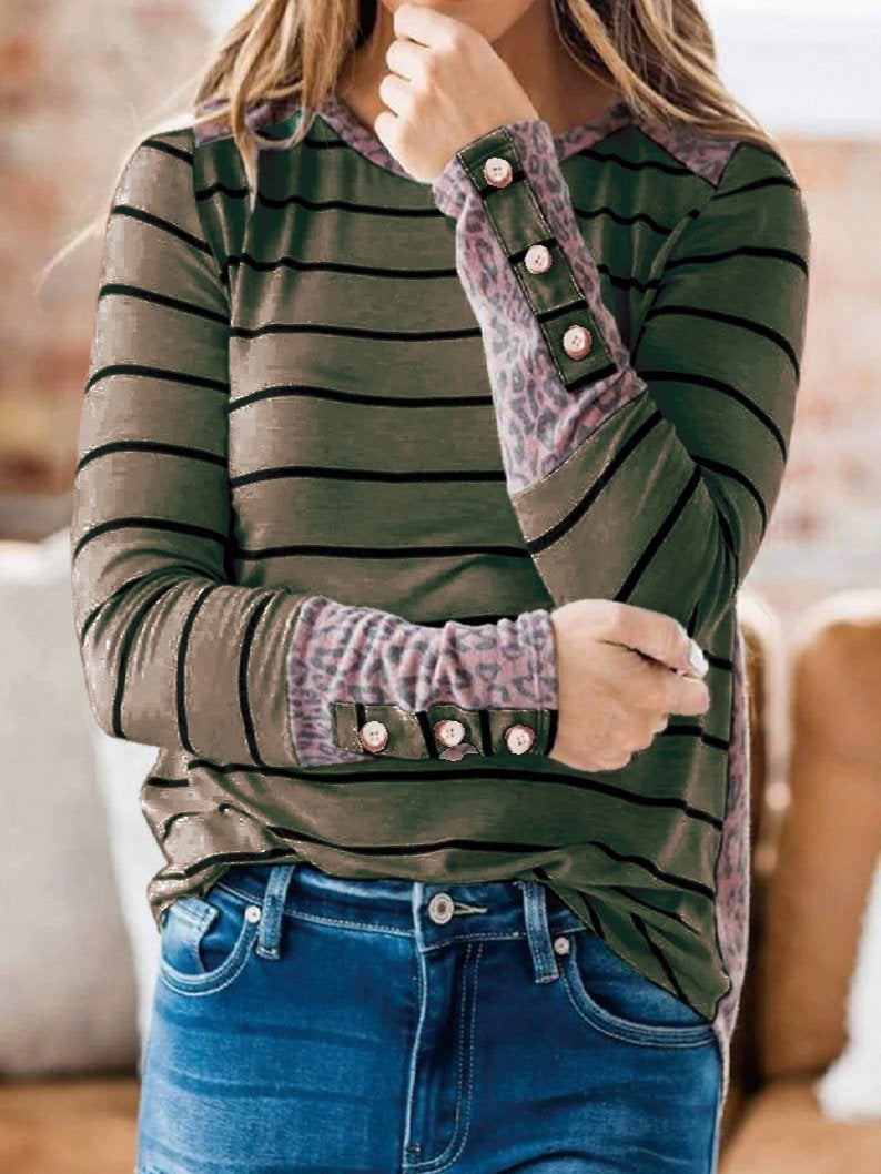 Women's T-Shirts Striped Leopard Stitching Long Sleeve T-Shirt