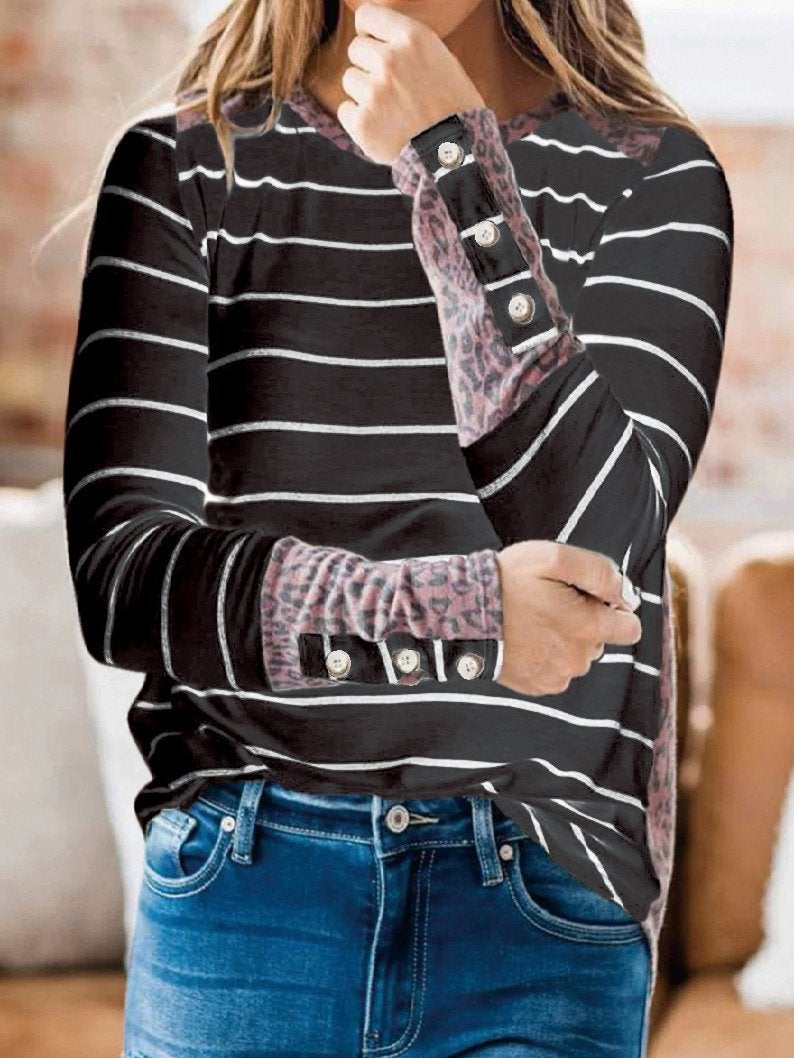 Women's T-Shirts Striped Leopard Stitching Long Sleeve T-Shirt