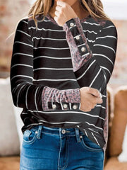 Women's T-Shirts Striped Leopard Stitching Long Sleeve T-Shirt