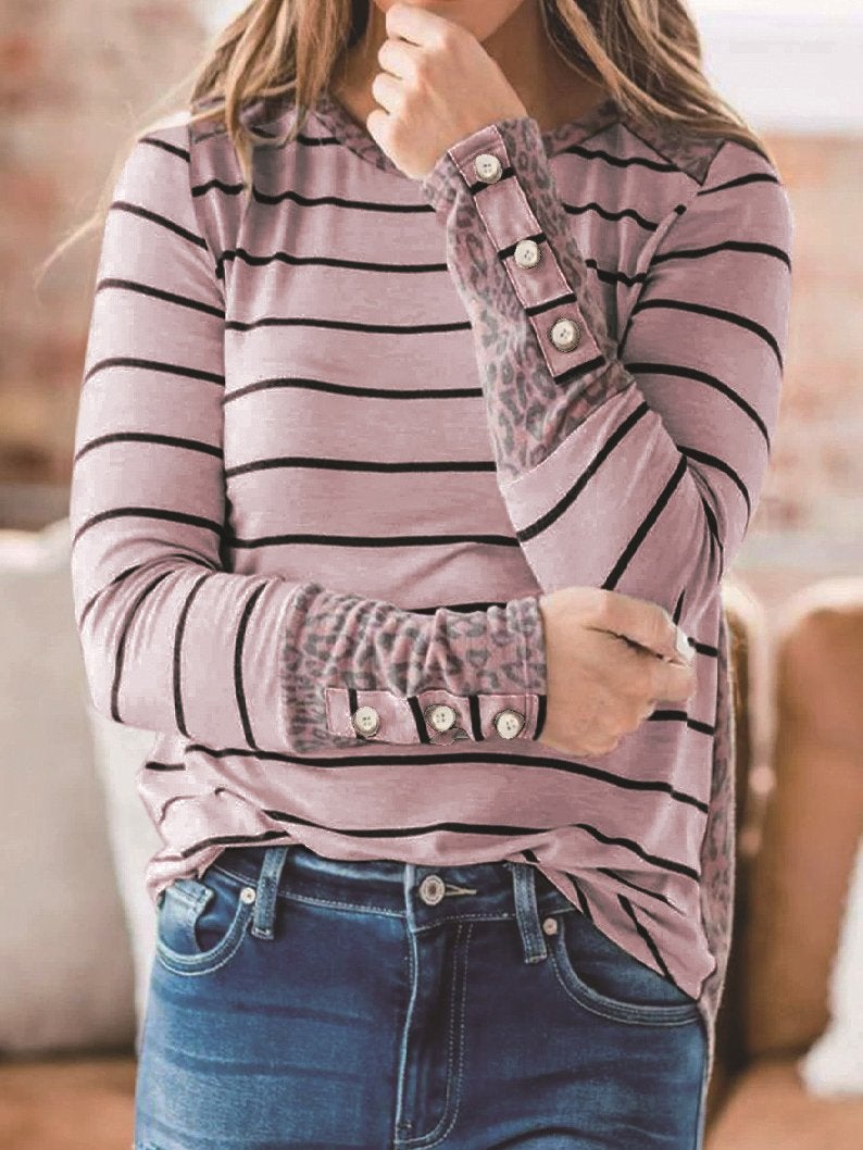 Women's T-Shirts Striped Leopard Stitching Long Sleeve T-Shirt