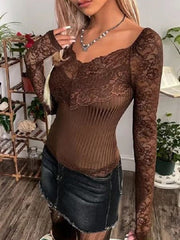 Women's T-Shirts V-Neck Lace Long Sleeve Slim Fit T-Shirt
