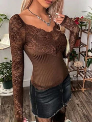 Women's T-Shirts V-Neck Lace Long Sleeve Slim Fit T-Shirt
