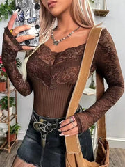 Women's T-Shirts V-Neck Lace Long Sleeve Slim Fit T-Shirt
