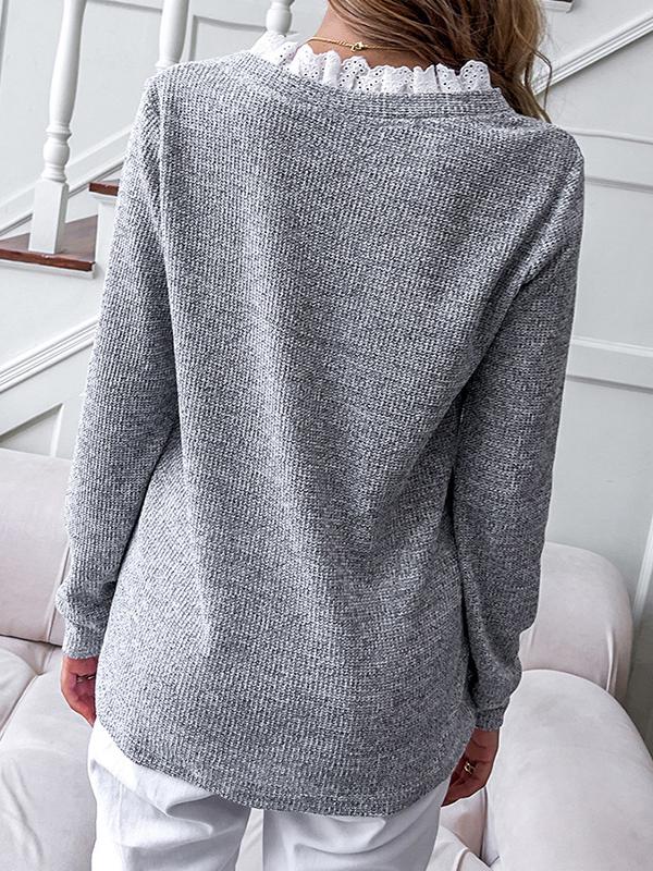 Women's T-Shirts V-Neck Lace Pullover Long Sleeve T-Shirt