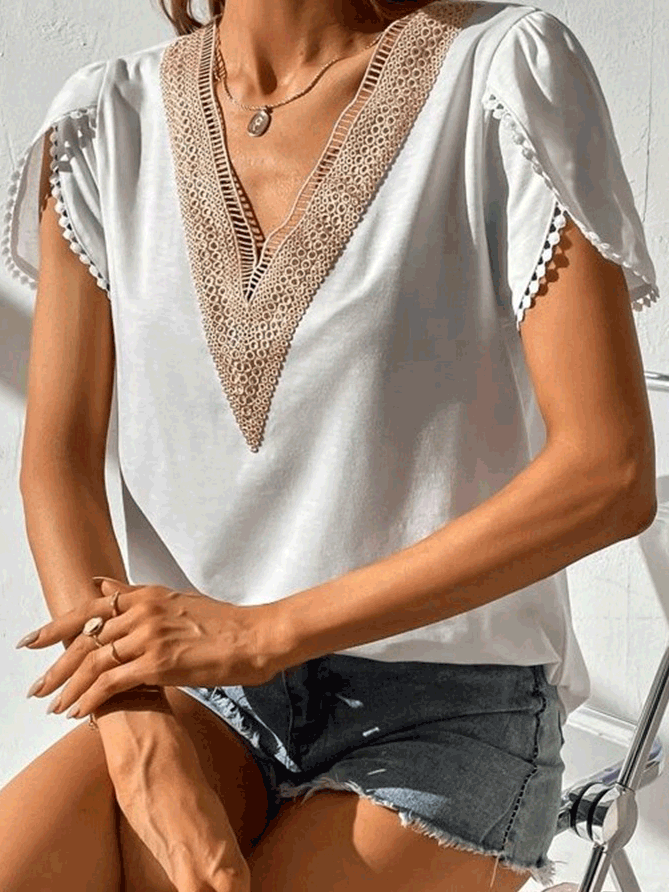 Women's T-Shirts V-Neck Lace Short Sleeve T-Shirt