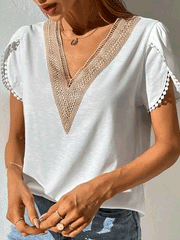 Women's T-Shirts V-Neck Lace Short Sleeve T-Shirt