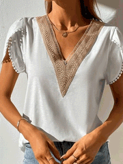 Women's T-Shirts V-Neck Lace Short Sleeve T-Shirt