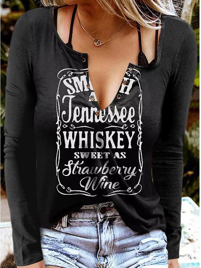 Women's T-Shirts V-Neck Letter Print Long Sleeve T-Shirt