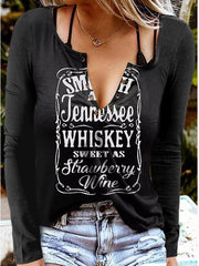 Women's T-Shirts V-Neck Letter Print Long Sleeve T-Shirt