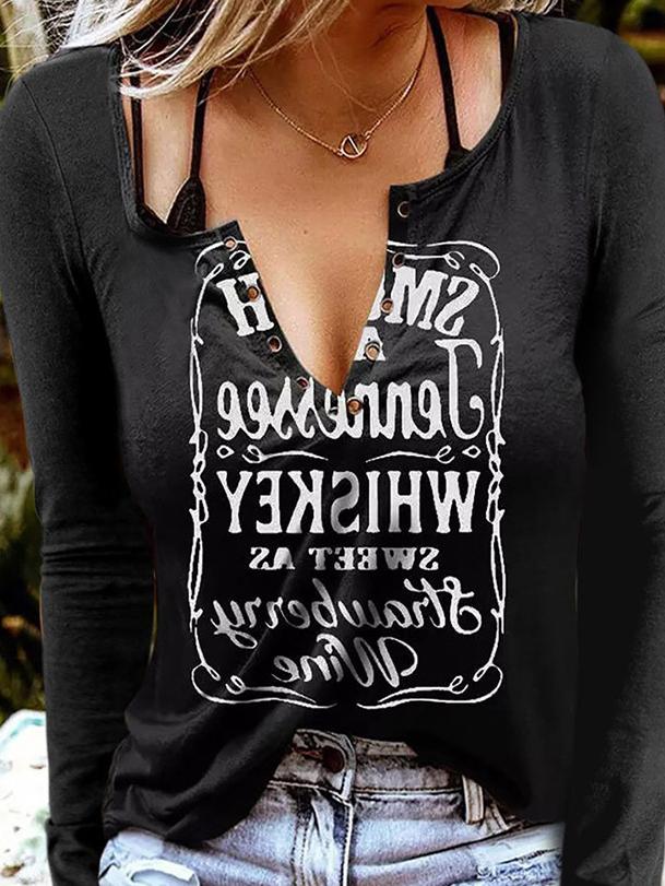 Women's T-Shirts V-Neck Letter Print Long Sleeve T-Shirt