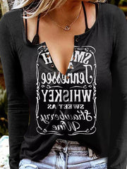 Women's T-Shirts V-Neck Letter Print Long Sleeve T-Shirt