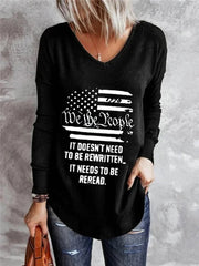 Women's T-Shirts V-Neck Letter Stripe Print Long Sleeve T-Shirt