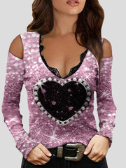 Women's T-Shirts V-Neck Love Sweet Off-Shoulder Short Sleeve T-Shirt