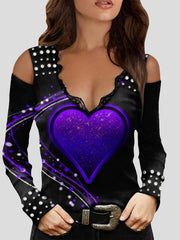 Women's T-Shirts V-Neck Love Sweet Off-Shoulder Short Sleeve T-Shirt