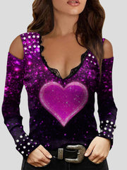 Women's T-Shirts V-Neck Love Sweet Off-Shoulder Short Sleeve T-Shirt