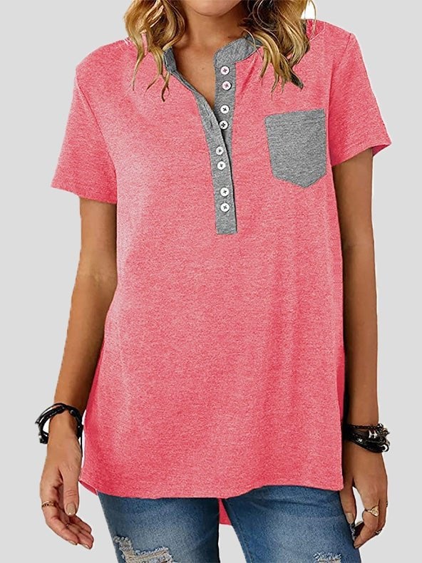 Women's T-Shirts V-Neck Panel Pocket Button Short Sleeve T-Shirt