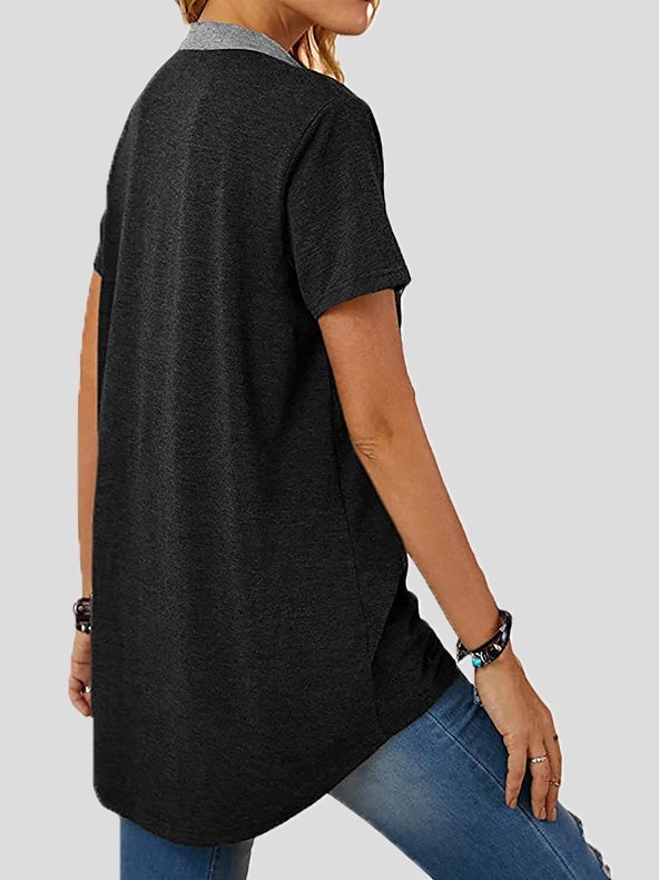 Women's T-Shirts V-Neck Panel Pocket Button Short Sleeve T-Shirt
