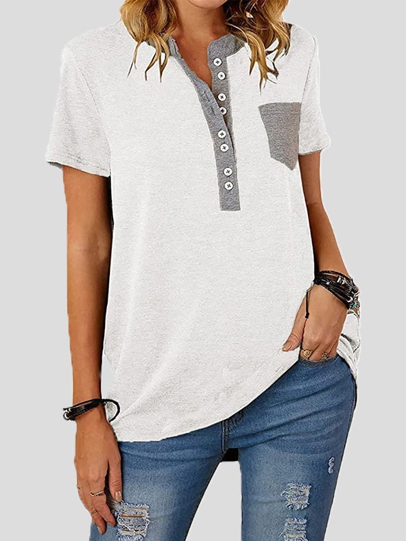 Women's T-Shirts V-Neck Panel Pocket Button Short Sleeve T-Shirt