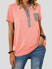 Women's T-Shirts V-Neck Panel Pocket Button Short Sleeve T-Shirt