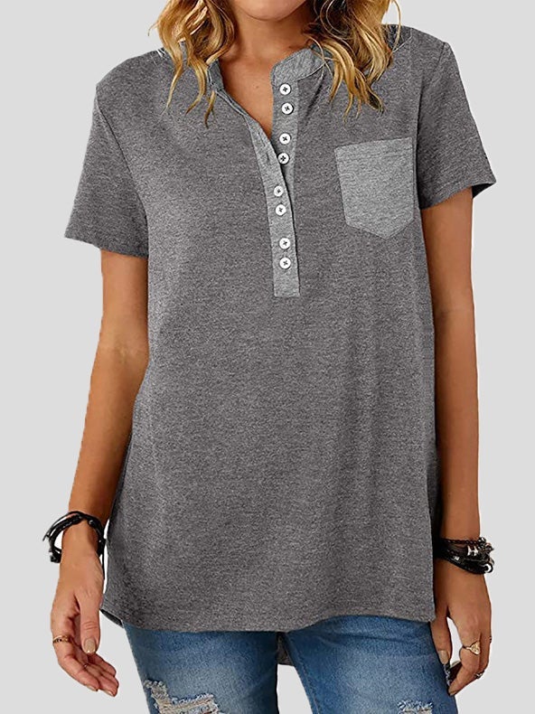Women's T-Shirts V-Neck Panel Pocket Button Short Sleeve T-Shirt