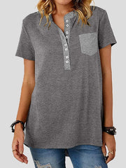 Women's T-Shirts V-Neck Panel Pocket Button Short Sleeve T-Shirt