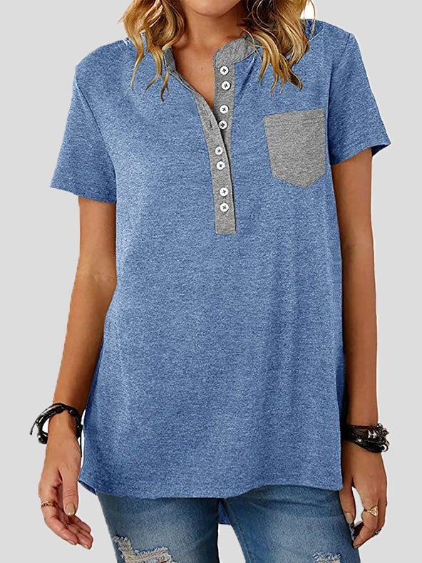Women's T-Shirts V-Neck Panel Pocket Button Short Sleeve T-Shirt