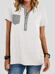 Women's T-Shirts V-Neck Panel Pocket Button Short Sleeve T-Shirt