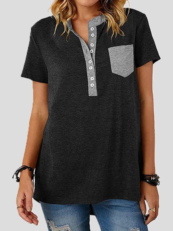 Women's T-Shirts V-Neck Panel Pocket Button Short Sleeve T-Shirt