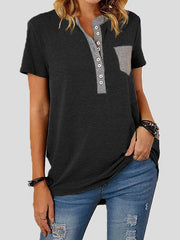 Women's T-Shirts V-Neck Panel Pocket Button Short Sleeve T-Shirt